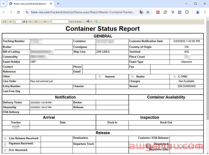 美国弗吉尼亚港海关查验站 HREW, LLC（M747）及集装箱放行状态查询流程介绍 第2张