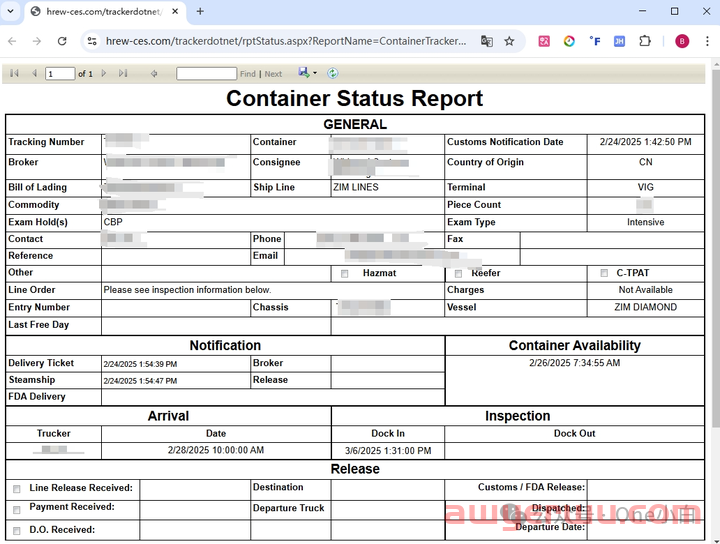 美国弗吉尼亚港海关查验站 HREW, LLC（M747）及集装箱放行状态查询流程介绍 第4张