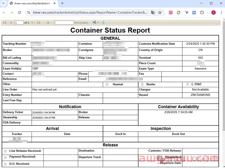 美国弗吉尼亚港海关查验站 HREW, LLC（M747）及集装箱放行状态查询流程介绍 第3张