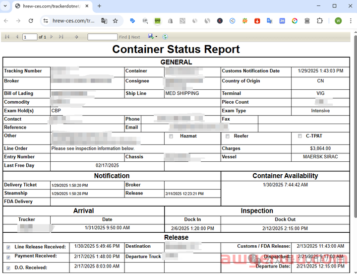 美国弗吉尼亚港海关查验站 HREW, LLC（M747）及集装箱放行状态查询流程介绍 第5张